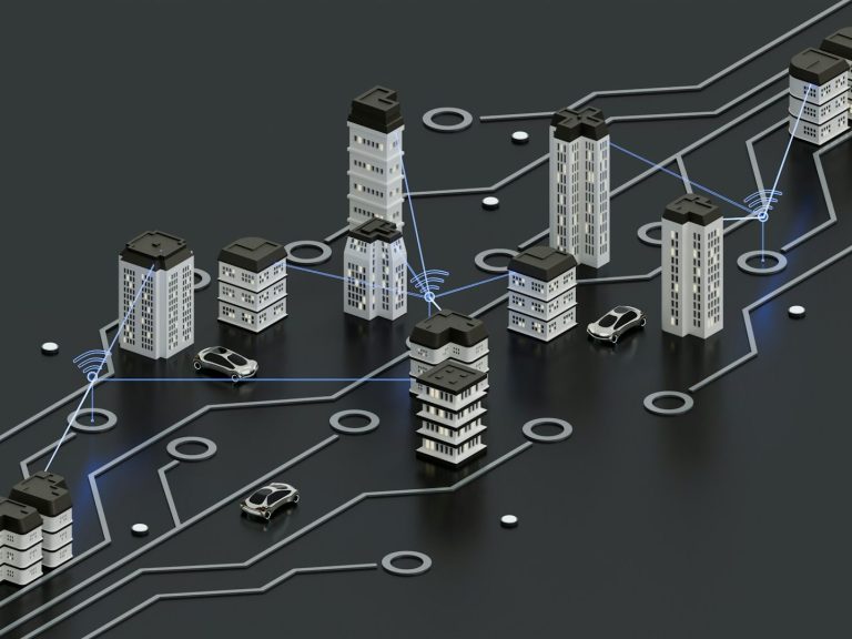 Visualisierung hybrides Projektmanagement Stadtmodell mit moderenen Gebäuden und vernetzten Straßen.