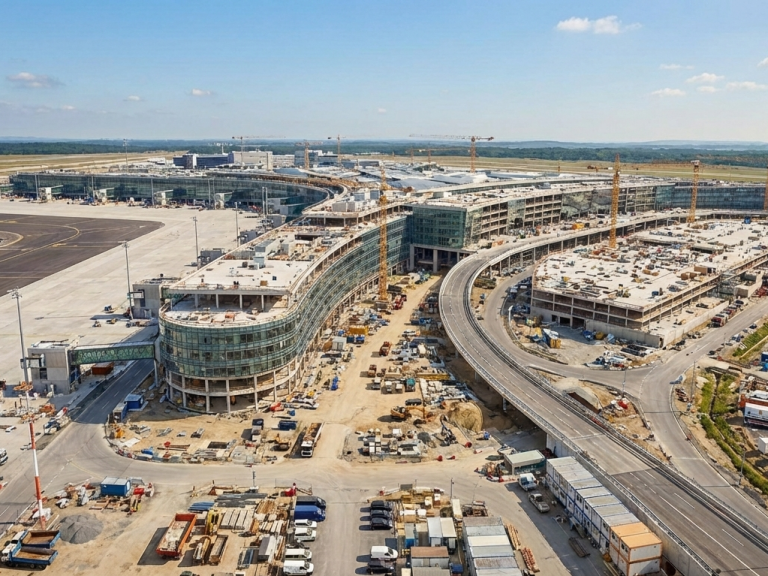 KI-generierte Visualisierung Flughafenbau Bauarbeiten an einem modernen Flughafen mit Straßen und Kränen im Hintergrund.