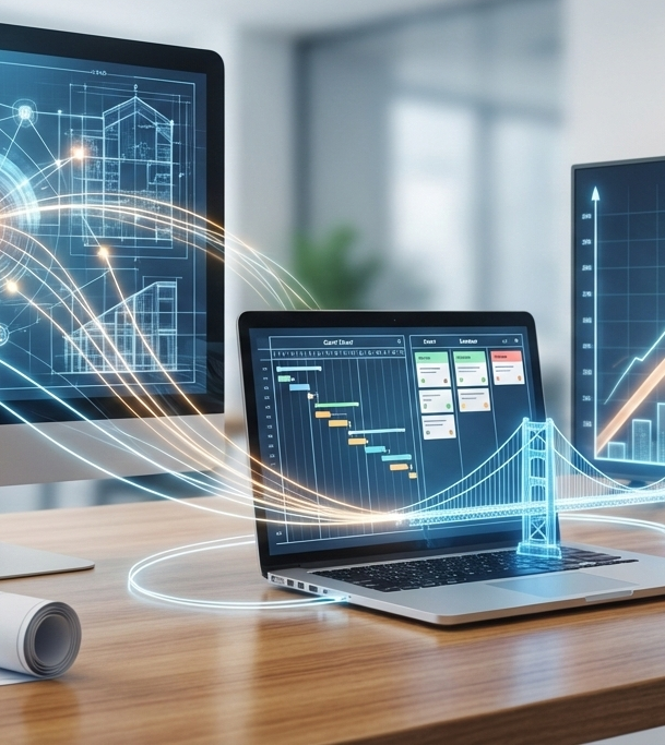 KI-generierte Visualisierung digitale Transformation Moderne Büroumgebung mit Laptop und zwei Monitoren, die Grafiken und Datenvisualisierungen anzeigen.