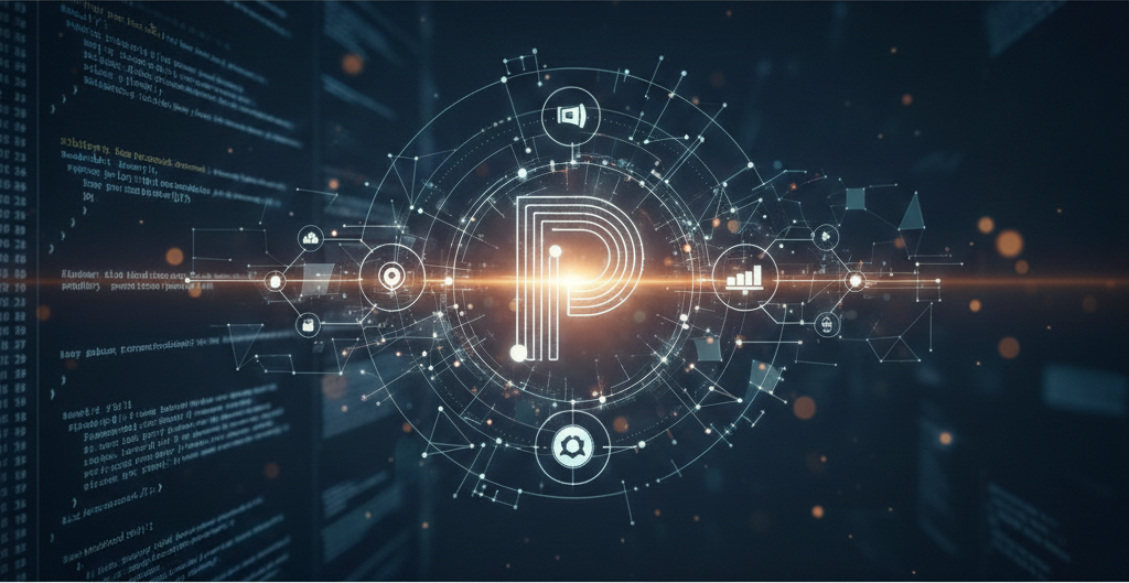 KI-generierte Visualisierung Softwareentwicklung Grafik mit einem leuchtenden "P" in einem Netzwerk von digitalen Elementen und Verbindungen.